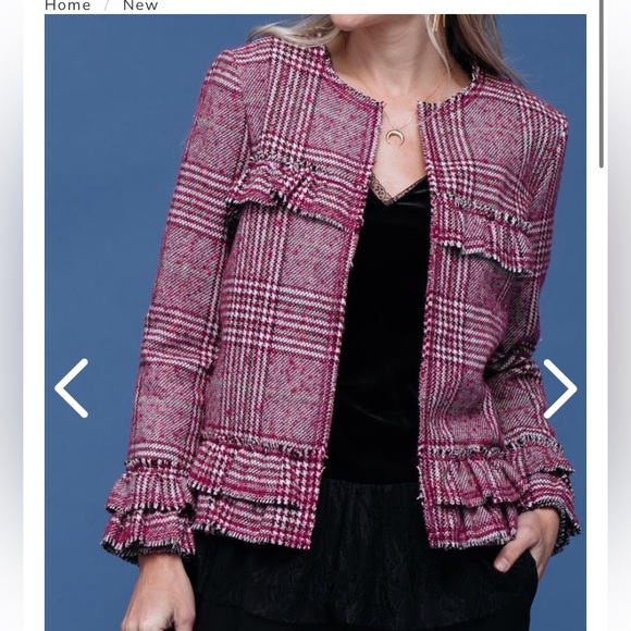 Plaid Ruffle Trim Blazer Jacket Pink Black and White Plaid Size M (Pleione) - Picture 2 of 16